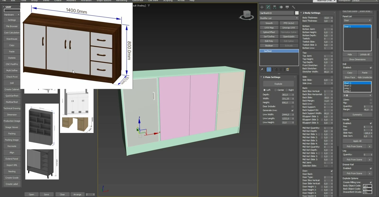 Sarfinet 在 3ds Max 中创建柜体、门板和抽屉的操作界面
